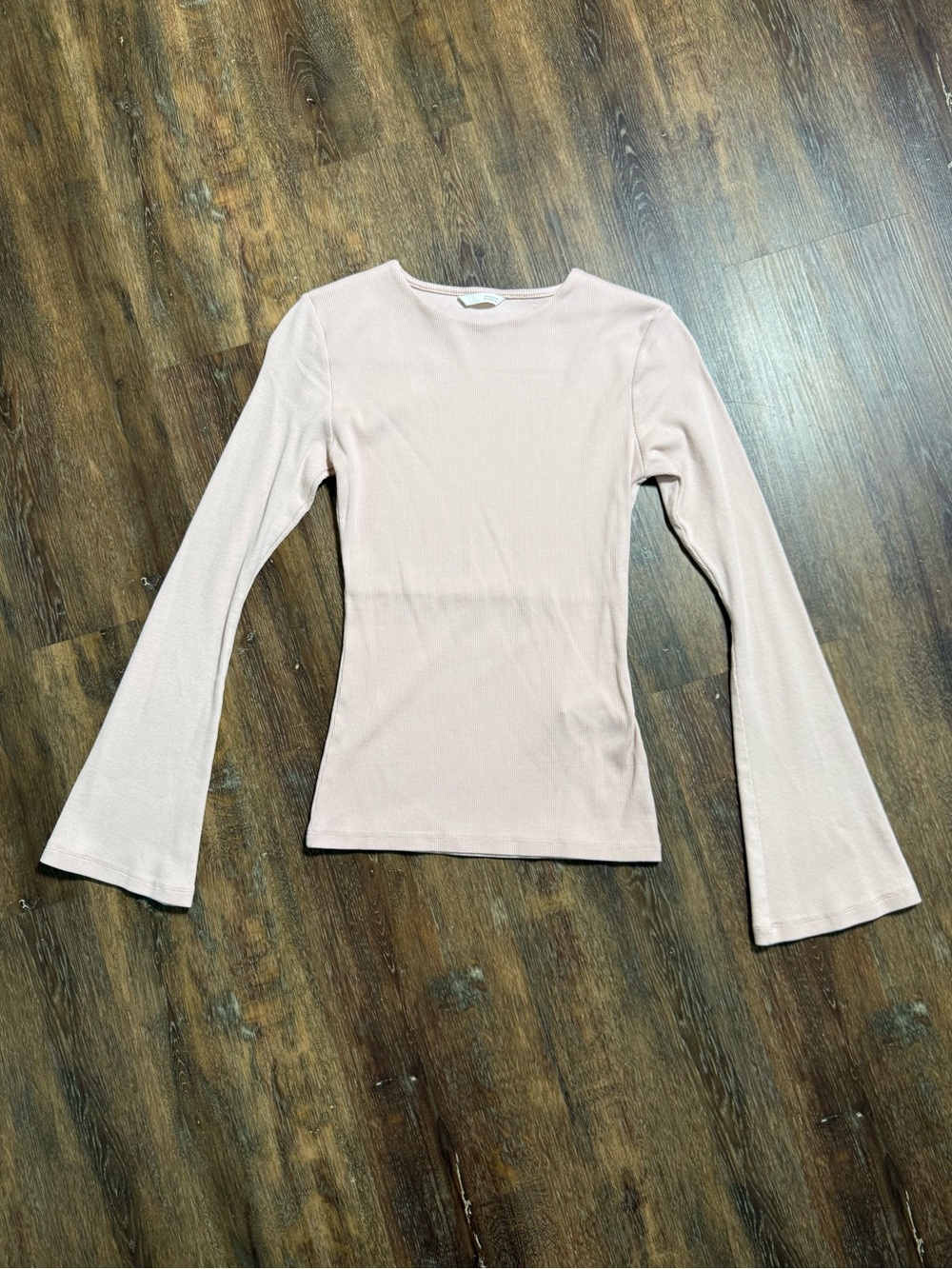 Zara | Ribbed Flare Sleeve Top Stretch Knit Blouse | Light Pink | Size M